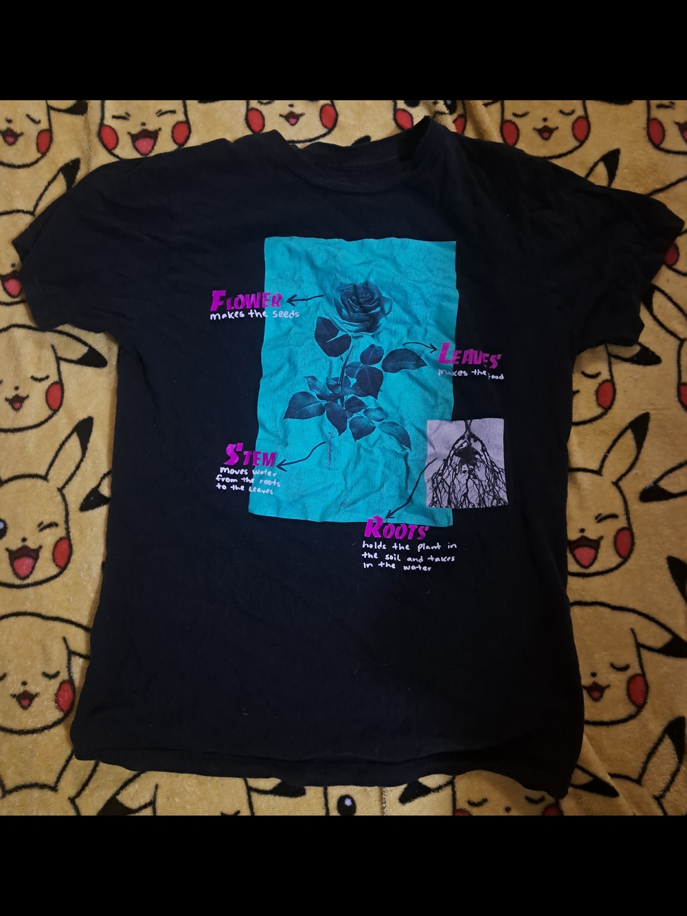 Black Graphic Rose Diagram Tee with Teal & Pink Print